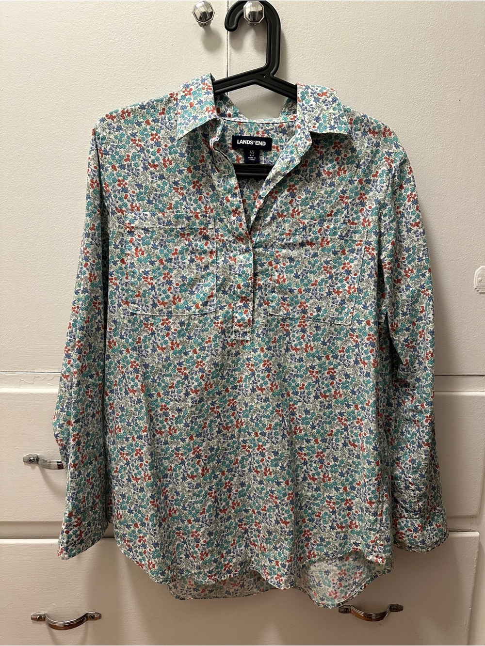 Lands’ End blue and green floral collared linen blend tunic top - XS